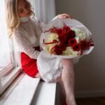 A bouquet of white hydrangeas, red roses and gerberas — Ivory Flame | Adel de Flores