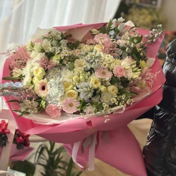 A bouquet of hydrangeas, spray roses and delphiniums