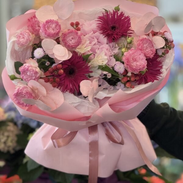 A bouquet of spray roses, hydrangeas and spider gerberas