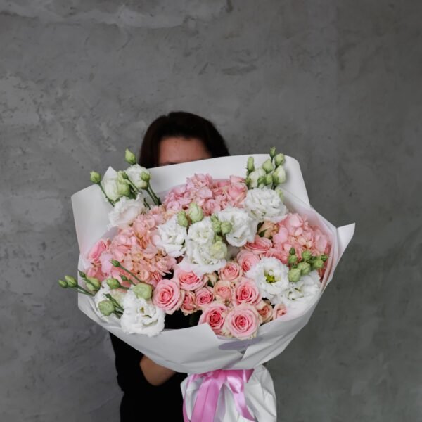 A bouquet of pink hydrangeas, spray roses and eustomas